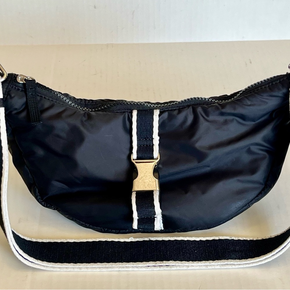Black and White Crescent Shoulder Bag with Buckle by Sincerely Jules